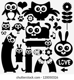 Black silhouettes of cute animals. Stickers design
