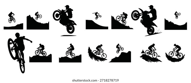 Silhuetas negras de ciclistas que realizam acrobacias em bicicletas e motociclos