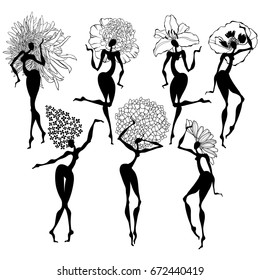 Black  silhouettes of dancing girls-flowers on a white background. Seven isolated vector elements for design.