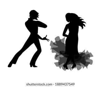 Black silhouettes of dancing man and woman isolated on white background.