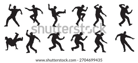 Black silhouettes of dancing men in energetic poses, isolated on white background, graphic illustration. concept of dance, movement, fun, design element, icon, breakdance, hip hop.