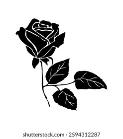 Black silhouettes of decorative rose. Monochrome icon with beautiful blooming flower and wild rose with leaves and thorns. Design element for tattoo. Flat vector illustration isolated on background