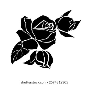 Black silhouettes of decorative rose. Monochrome hand drawn flowering plant with rose buds and leaves. Design element for wedding invitation. Flat vector illustration isolated on background