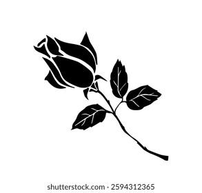 Black silhouettes of decorative rose. Monochrome hand drawn icon of blooming plant or garden rose with stem and leaves. Design element for tattoo. Flat vector illustration isolated on background