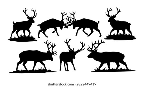Black silhouettes of deer with antlers, showcasing their majestic presence in a natural setting, emphasizing wildlife and animal beauty.