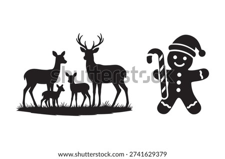Black silhouettes of deer and a gingerbread man create a simple, festive winter image.