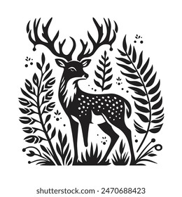 Black silhouettes of deer vector art.