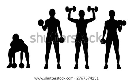 Black silhouettes demonstrate a sequence of weightlifting exercises and fitness related postures.