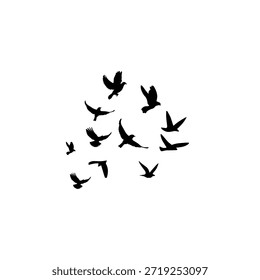 Siluetas negras de una densa bandada de pájaros volando en un grupo circular. Ilustración vectorial minimalista de palomas o cuervos aislados sobre fondo blanco, perfecto para el diseño de la naturaleza y la vida silvestre.