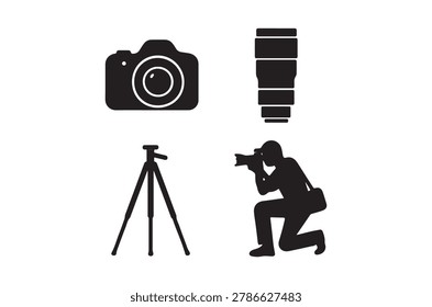 Black silhouettes depict a camera, flash, tripod, and kneeling photographer on a white background. These are vector graphics.