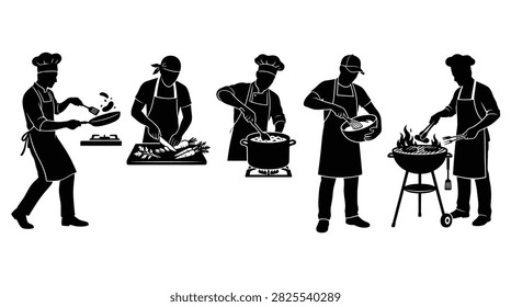 Black silhouettes depict chefs engaged in diverse cooking activities including frying chopping stirring baking and grilling against a white background.