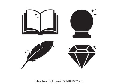 Black silhouettes depict magical objects: a book, crystal ball, quill, and diamond.