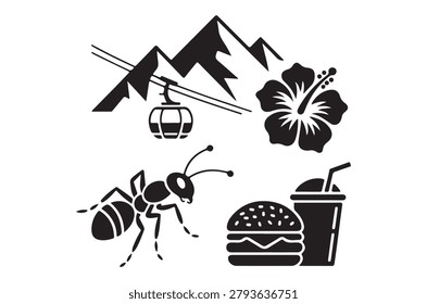 Black silhouettes depict a mountain cable car, hibiscus flower, ant, burger, and drink on a white background. These are flat,