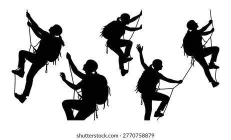 Black silhouettes depict multiple climbers scaling a rock wall, illustrating energetic movement and athletic prowess.
