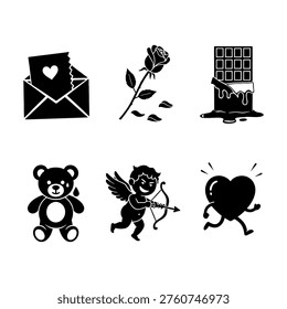 Black silhouettes depict romantic elements, including a playful cupid and heart, in a distinctive style.