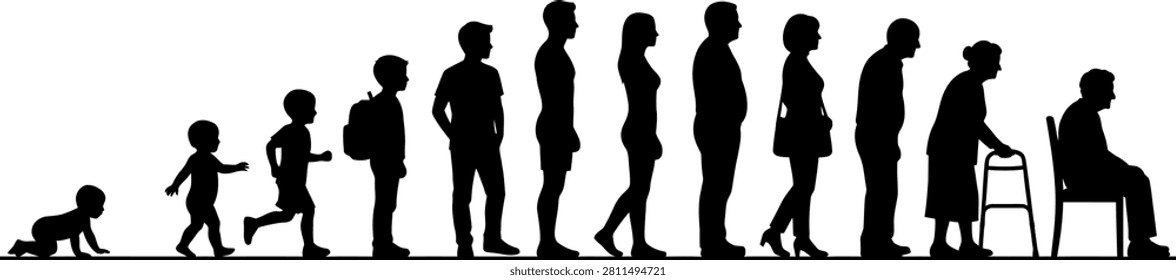 Black silhouettes depicting the human life cycle stages from a baby to an elderly person sitting on a chair