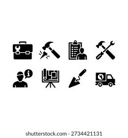 Black silhouettes depicting various tools and professions related to maintenance