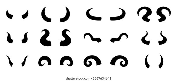 Black silhouettes of devil horns set. Demon horn symbol. Vector illustration isolated on white background.