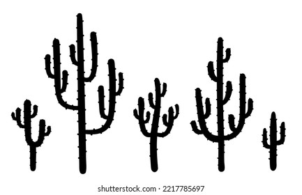 Black silhouettes of different cactus. Isolated on white background. Collection of desert mexican cacti. Wild West Cactuses drawing.  Hand drawn Vector illustration in flat style. 