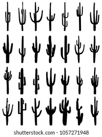 Black silhouettes of different cactus on a white background, vector
