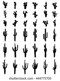 Black silhouettes of different cactus on a white background, vector