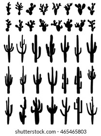 Black silhouettes of different cactus on a white background, vector