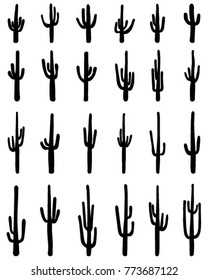 Black silhouettes of different cactus on a white background