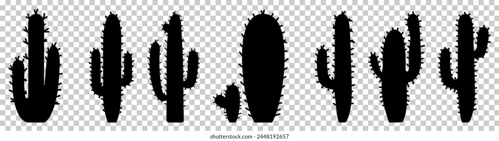 Black silhouettes of different cactus. Vector illustration isolated on transparent background
