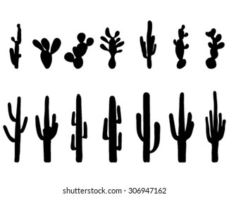 Black silhouettes of different cactus, vector