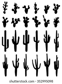 Black Silhouettes Of Different Cactus, Vector