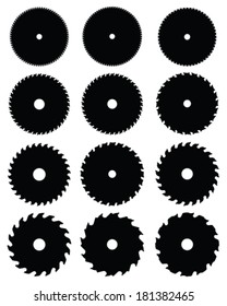 Black silhouettes of different circular saw blades, vector