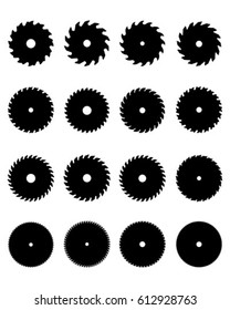 Black silhouettes of different circular saw blades, vector