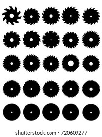 Black silhouettes of different circular saw blades, vector