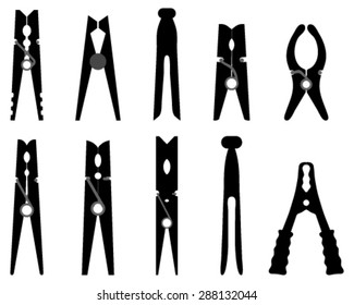 Black silhouettes of different clothespins, vector