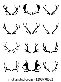 Black silhouettes of different deer horns on a white background