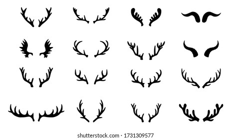 Black silhouettes of different deer horns, vector illustration.