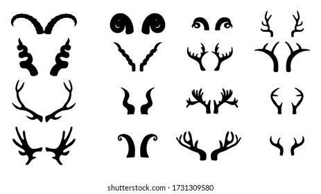 Siluetas negras de diferentes cuernos de ciervo, ilustración vectorial.