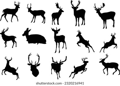 Black silhouettes of different deer and horns, vector wild deer family and baby fawn black and white vector silhouette set