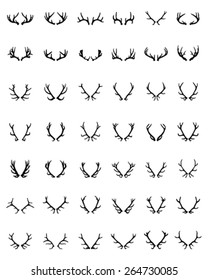 Black silhouettes of different deer horns, vector