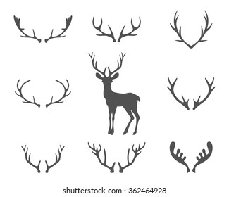 Black silhouettes of different deer horns, vector