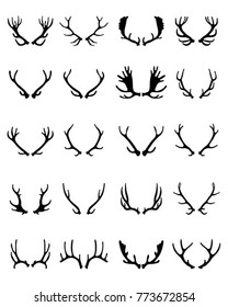 Black silhouettes of different deer horns on a white background