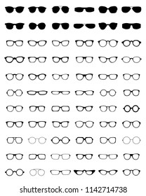 Black silhouettes of different eyeglasses on a white background