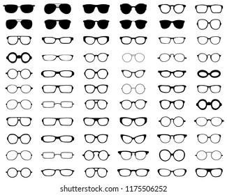 Black silhouettes of different eyeglasses on a white background