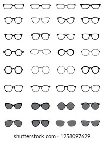 Black silhouettes of different eyeglasses on a white background