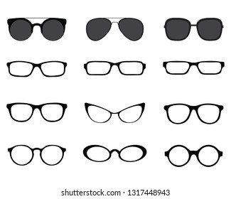 Black silhouettes of different eyeglasses, vector