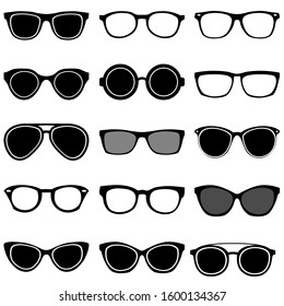 Black silhouettes of different eyeglasses vector icons on a white background