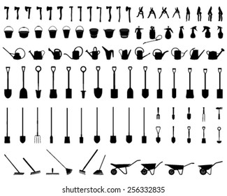 Black silhouettes of different garden tools, vector