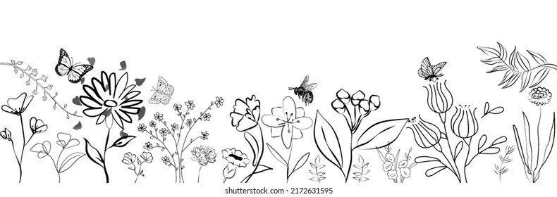 Black silhouettes of different grass, flowers, herbs and insects isolated on white background. Hand drawn sketch flowers and insects.