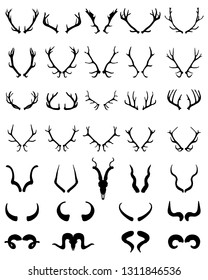 Black silhouettes of different horns of deer, sheep, buffalo and antelopes 