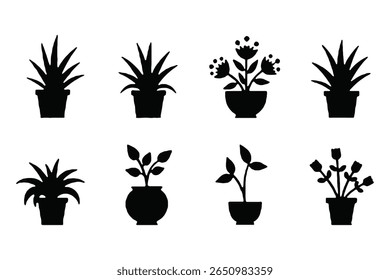 Black Silhouettes of Different Houseplants in Stylish Pots, Decorative Plant Icons in Pots for Nature and Eco Themed Designs